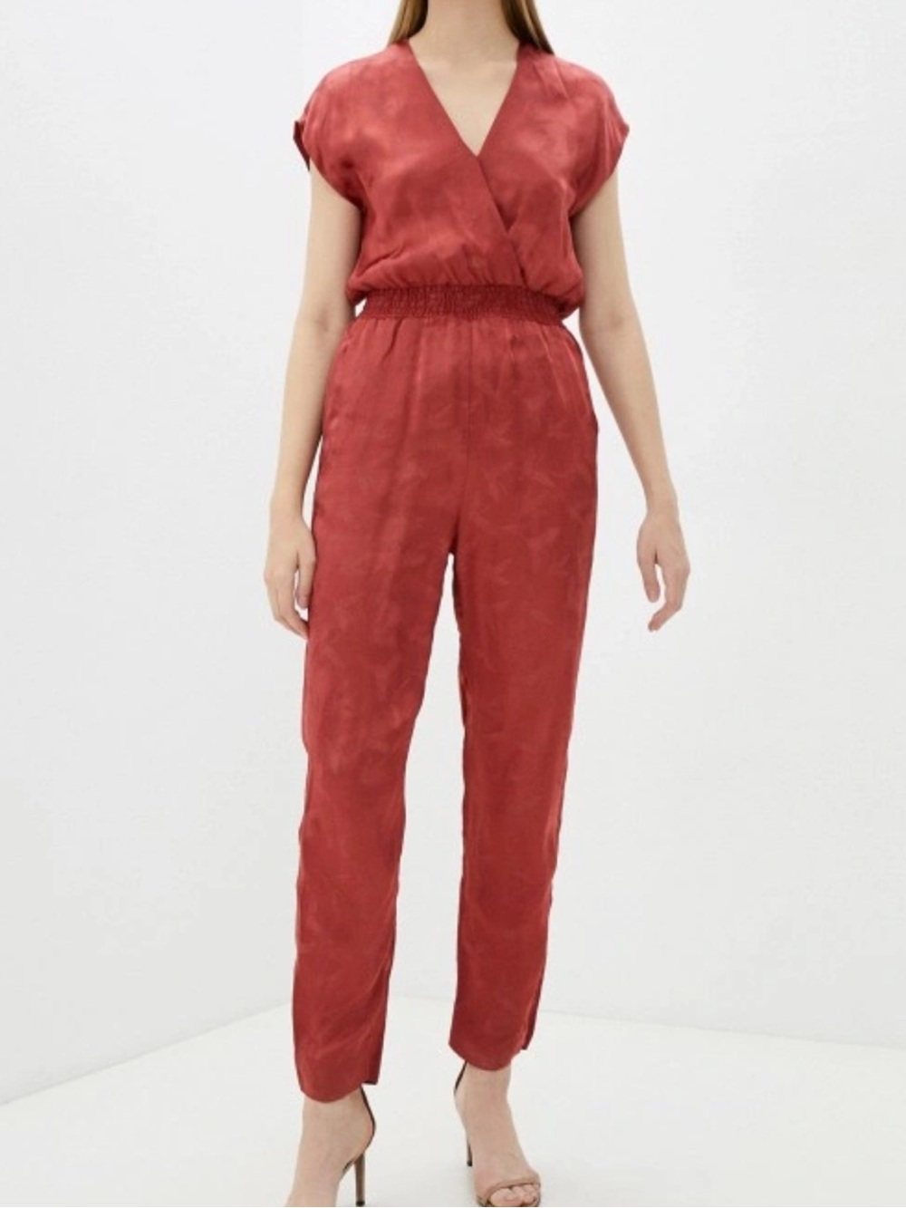 Maje Rust Red Satin V-Neck Jumpsuit EU34